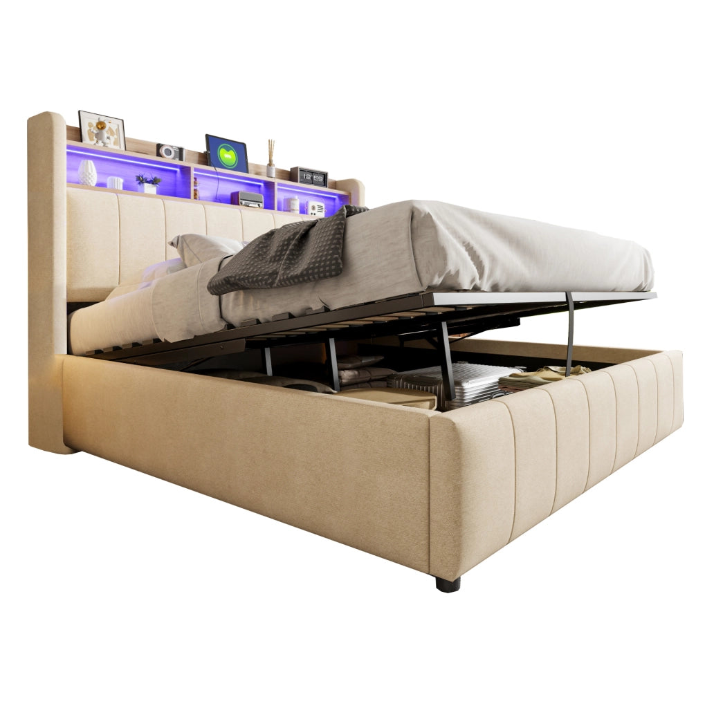 Letto imbottito 160x200 cm con LED, USB/Type-C e vano contenitore