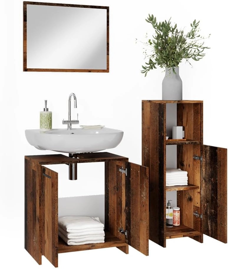 Set mobili bagno Kiko, Rovere rustico, 58 cm, composto da mobile sottolavabo, specchiera e mobile medio