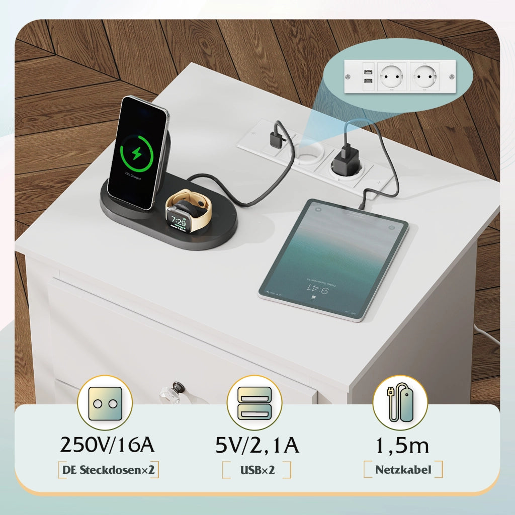 Tavolino da notte con 3 cassetti e stazione di ricarica USB ¨C zephmum ¨C Bianco