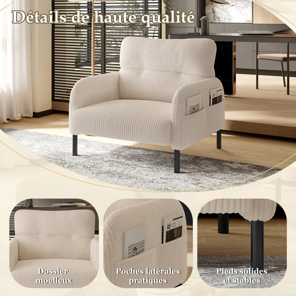 Poltrona con Tasche laterali e Schienale Ergonomico; Seduta Profonda; in Velluto a Coste Beige 67 × 75 × 79 cm