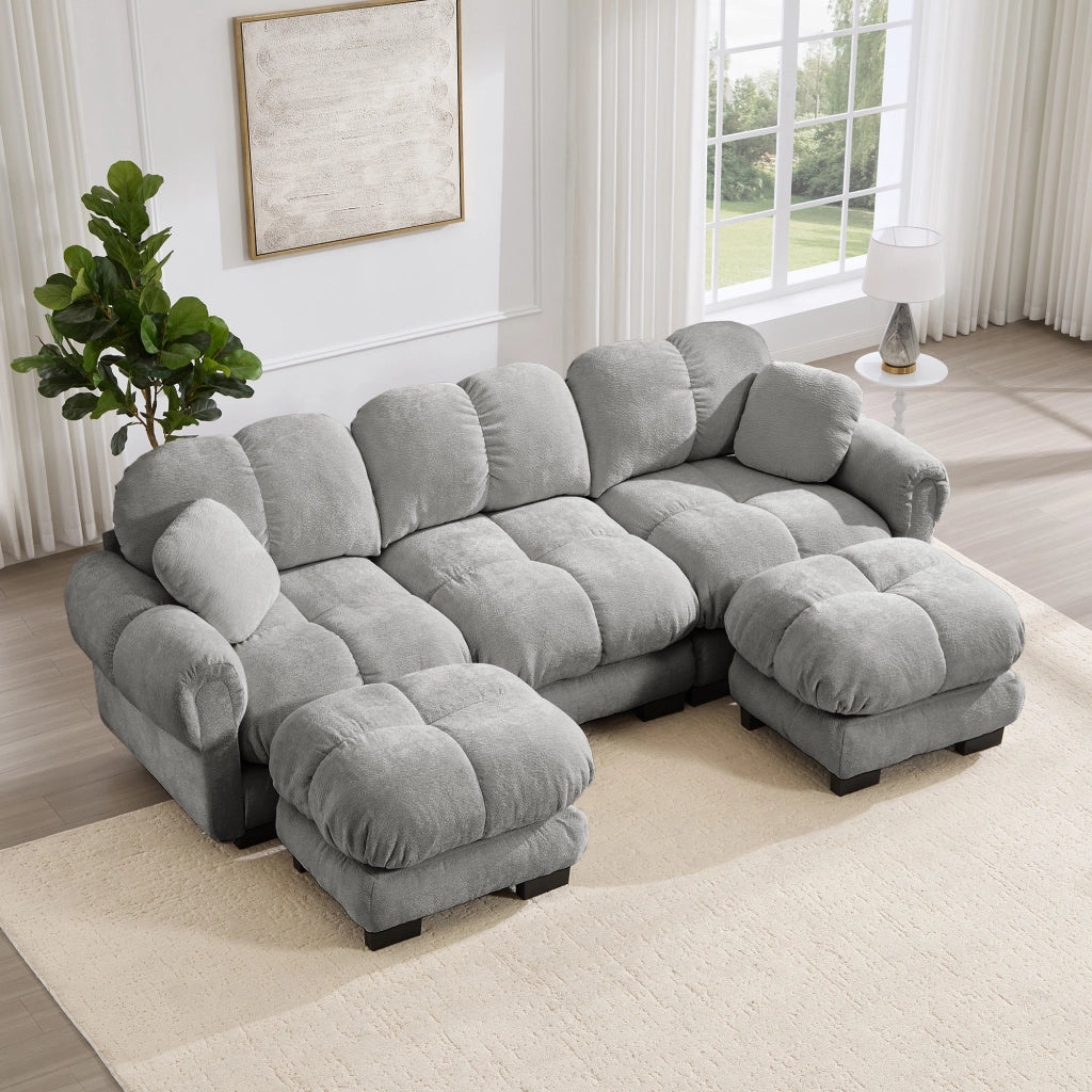Divano modulare a U con pouf mobile e cuscini decorativi, seduta imbottita in ciniglia grigio chiaro 260 × 149 × 90 cm