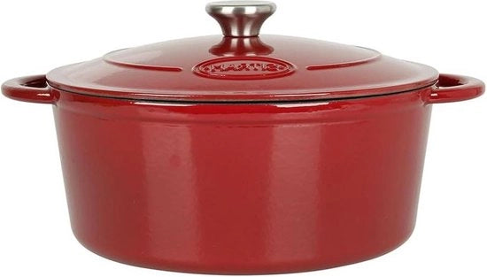 Pentola da brasatura in ghisa verniciata 7 litri rosso-bianco funziona con tutti i fornelli, inclusi a induzione, capienza per 6-8 persone.