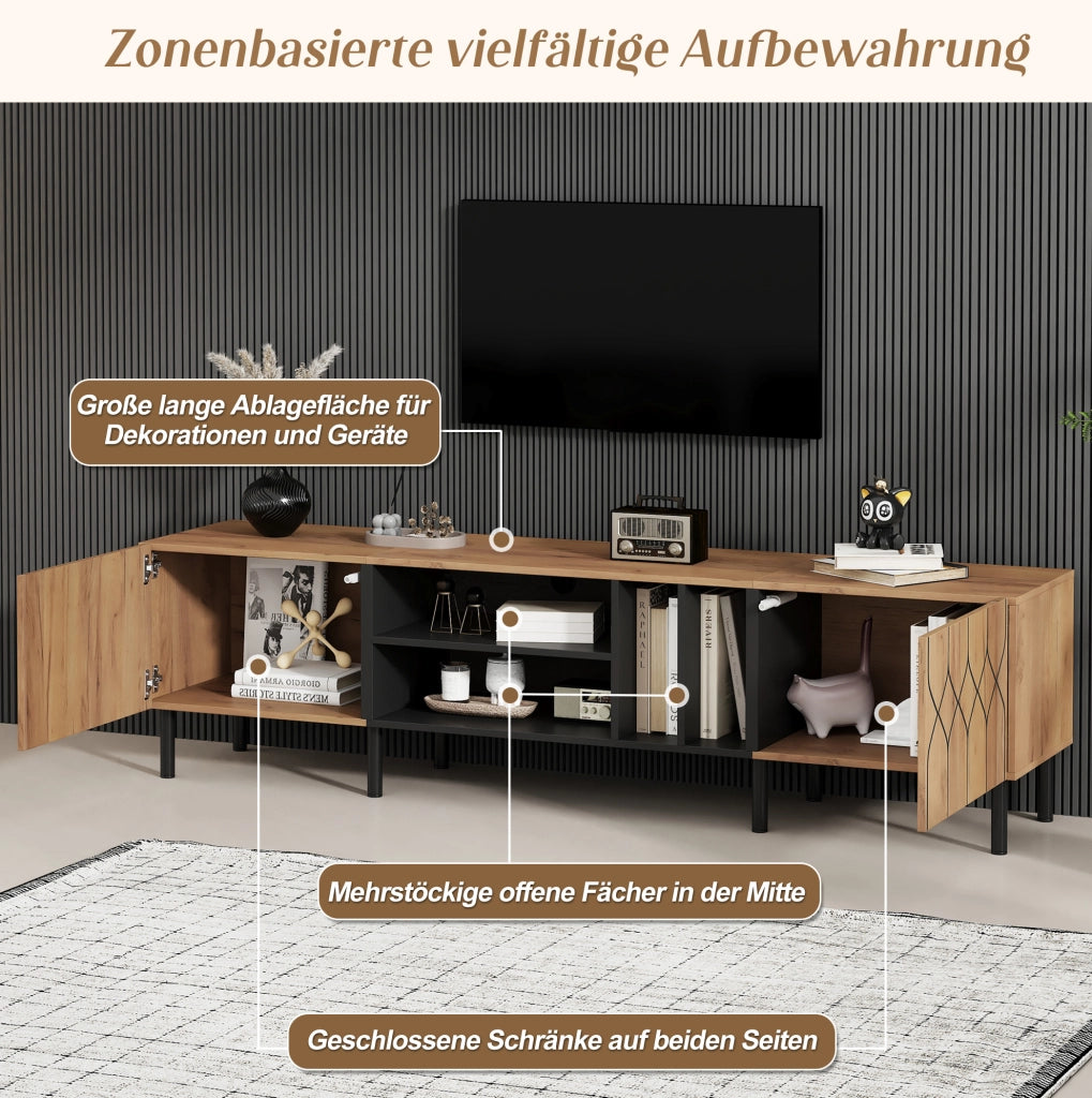Mobile TV 180x40x50 cm con 2 ante push-to-open e 4 vani, naturale e nero