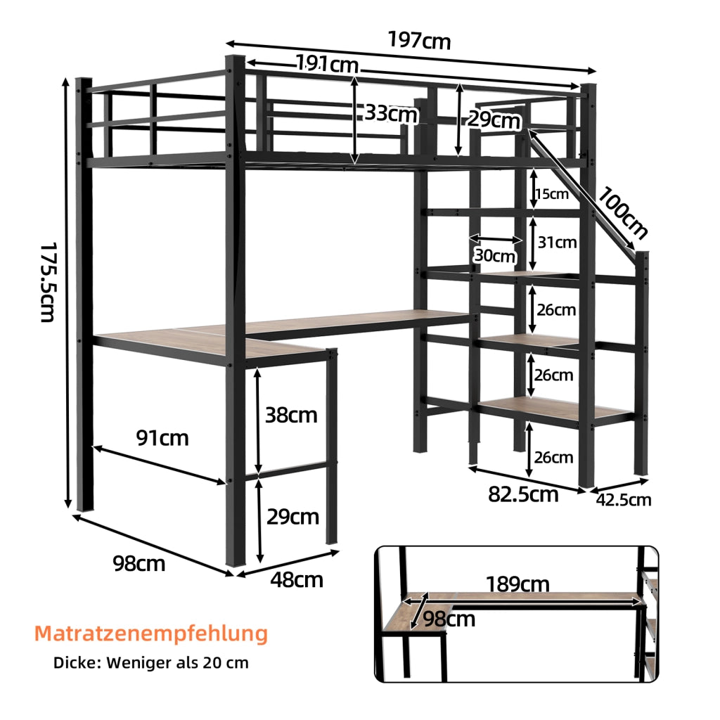 LETTO a soppalco 197x98x175,5 cm in ferro nero con scrivania a L e scala