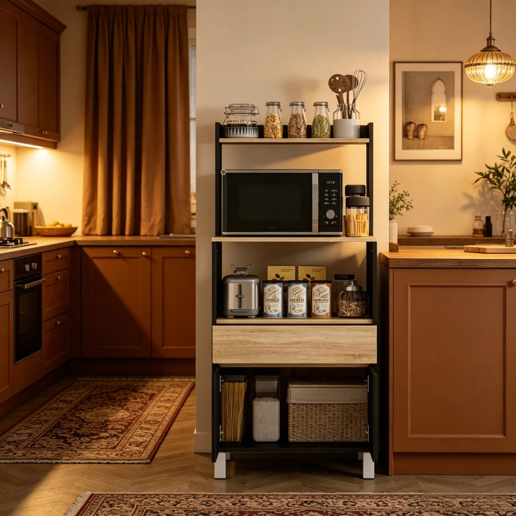 Mobile per microonde, credenza da cucina, mobile per microonde con armadietto, cassetti e ripiano superiore, pratico mobile contenitore da cucina per