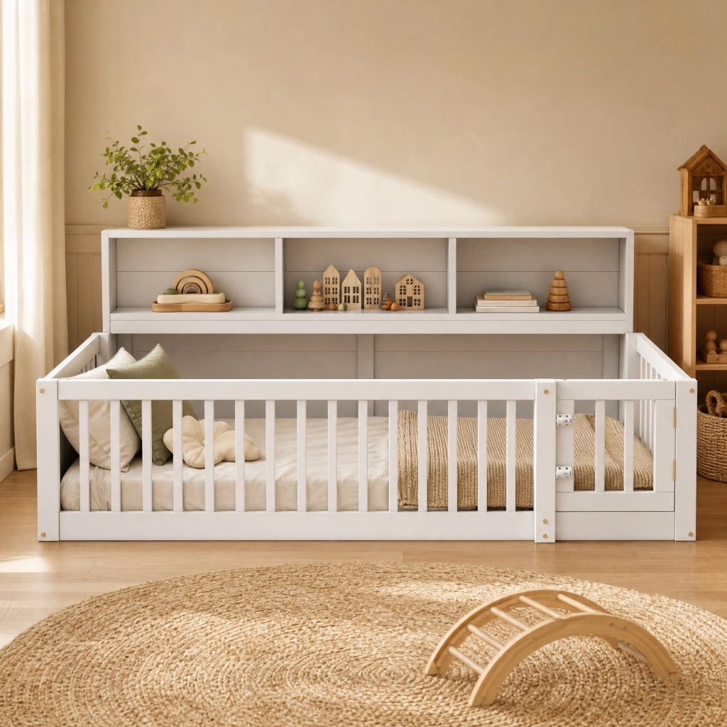 LETTO con sponde e vani laterali 90x200 cm in pino e MDF bianco