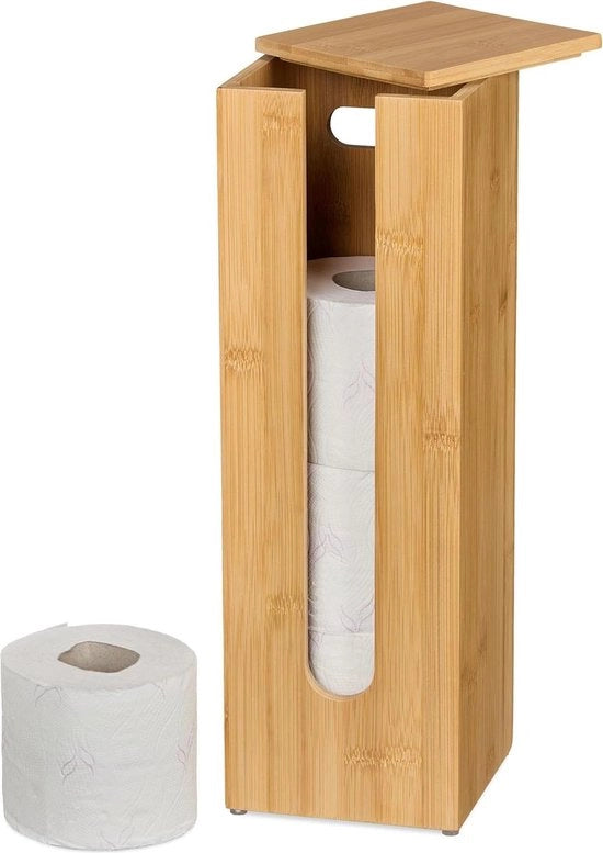 Sostegno per rotoli di carta igienica con coperchio per 4 rotoli - Sostegno per carta igienica in posizione verticale - Dimensioni: 42x135x135 cm - Sostegno per carta igienica in legno naturale