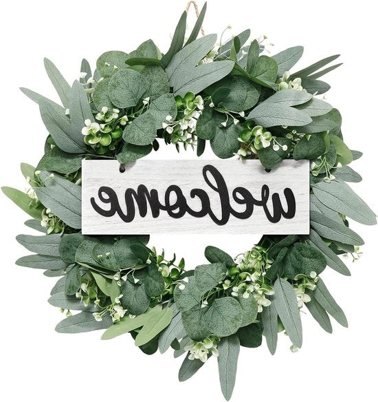 Korona di foglie di eucalipto artificiali Premium 46 cm - Benvenuto - Decorazione di casa per primavera e estate - Verde - Decorazione di campagna - Decorazione di matrimonio