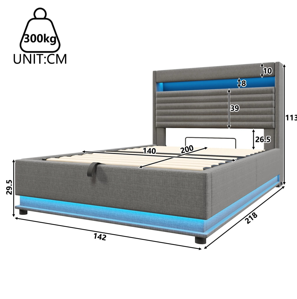 Letto imbottito 140x200 con LED, vano contenitore idraulico e porte USB/Type-C