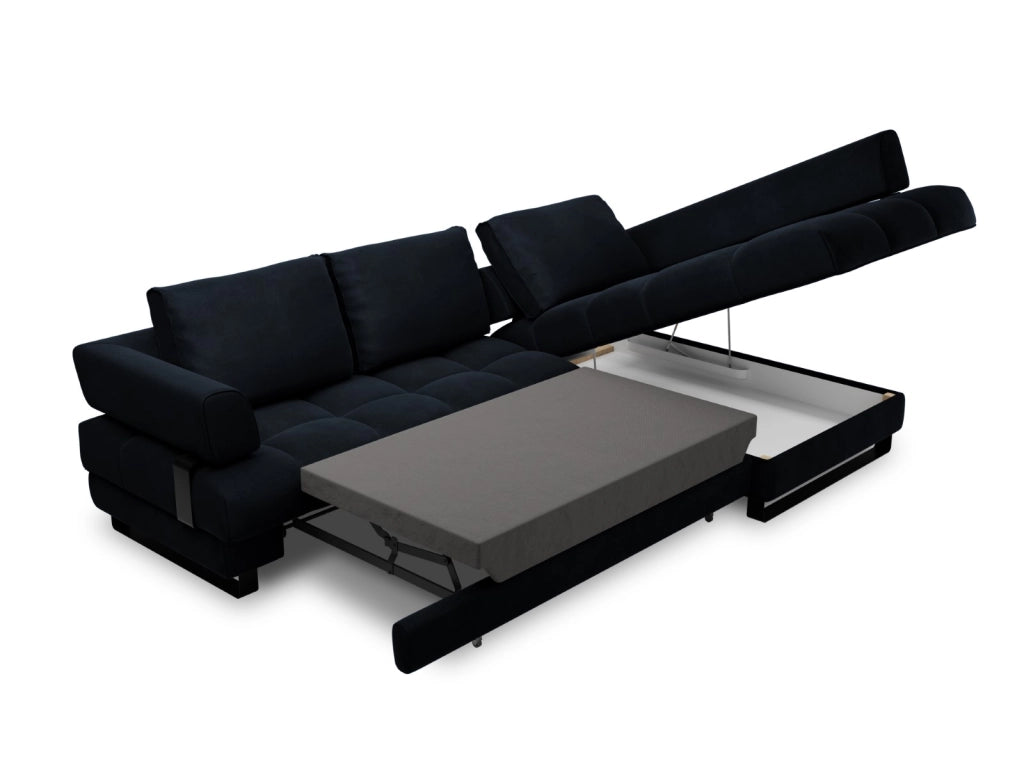 Cosmopolitan Design - Divano convertibile angolare destro con contenitore "Clinton" 5 posti in velluto blu scuro 