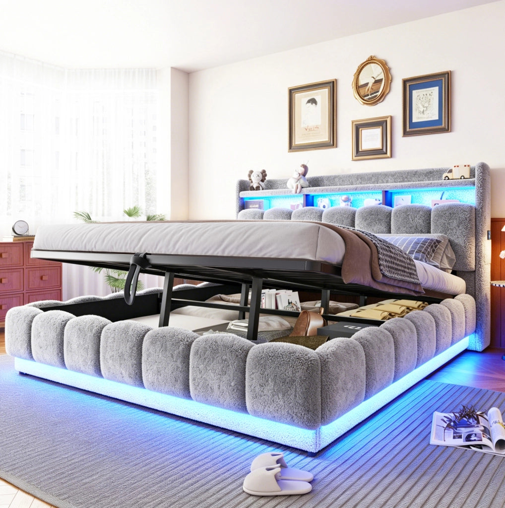Letto matrimoniale 180x200 cm con contenitore idraulico; LED e USB; grigio
