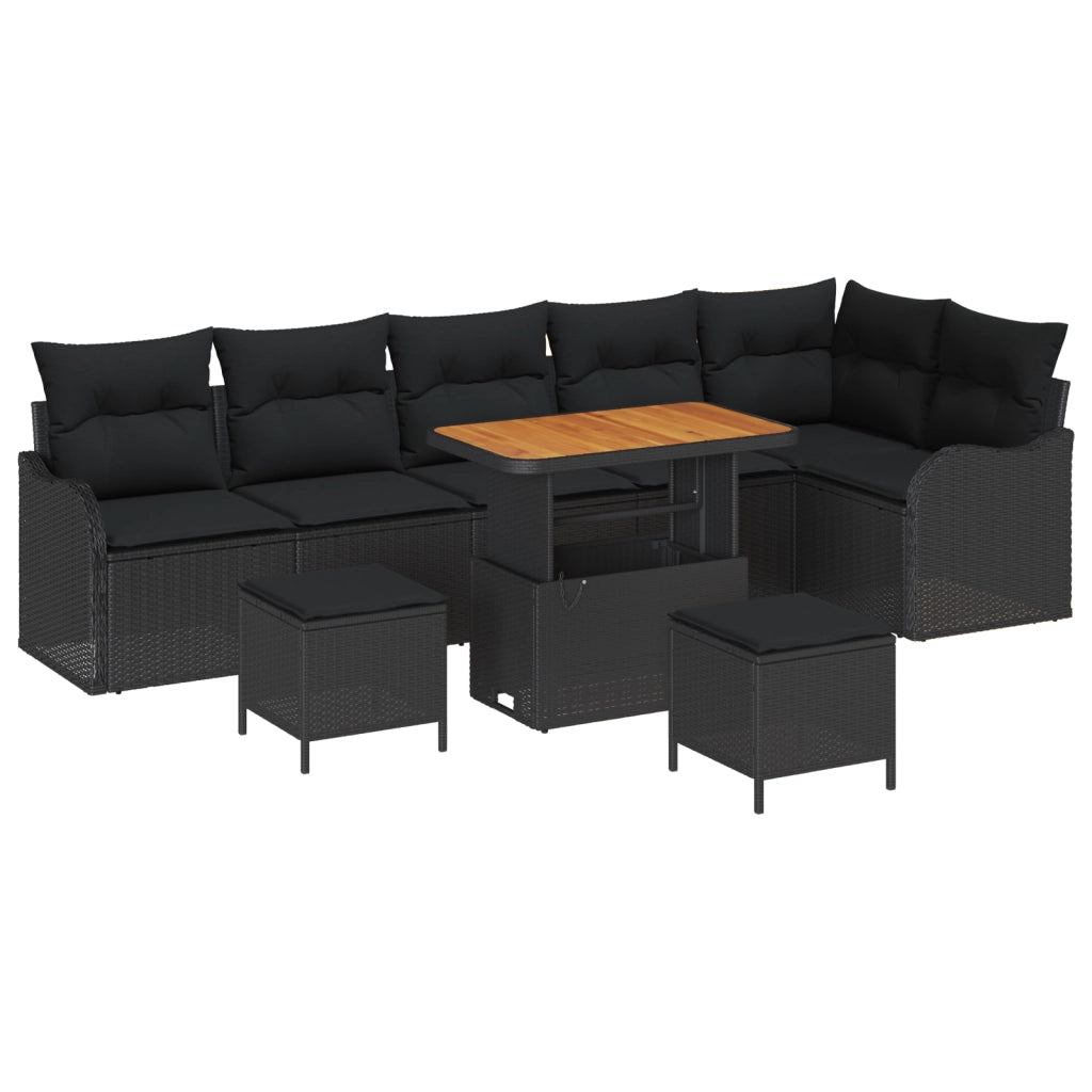 Set Divano da Giardino da 9 Pezzi con Cuscini Nero Polyrattan Acacia