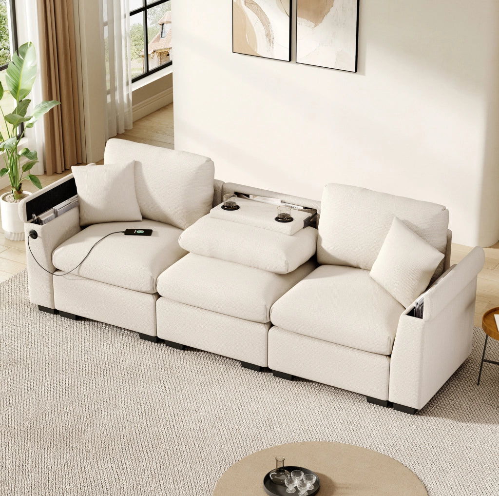 Divano modulare a 3 posti in chenille con USB; tavolino ribaltabile e portabevande; beige
