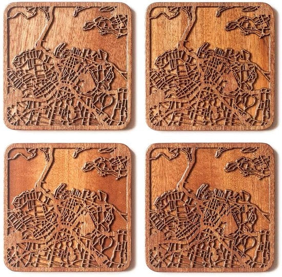 Onderzetters con cartografia di Auckland, realizzati in Sapele, 4 pezzi, con pianta urbana, diverse città opzionale, manufatti a mano