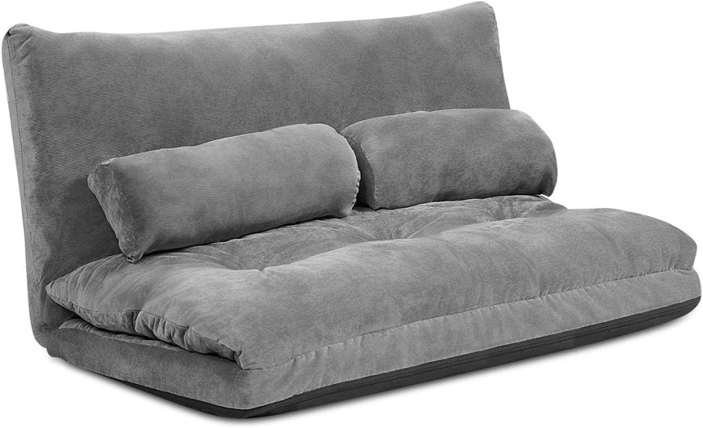 Divano da Terra, Divano Letto Multifunzionale Regolabile in 6 Posizioni con 2 Cuscini, con Fodera in Camoscio per Camera da Letto Salone Balcone (Grigio 156x173x24 cm)