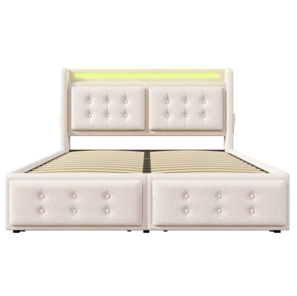 Letto matrimoniale 180x200 cm con LED; USB C e 4 cassetti; tessuto beige