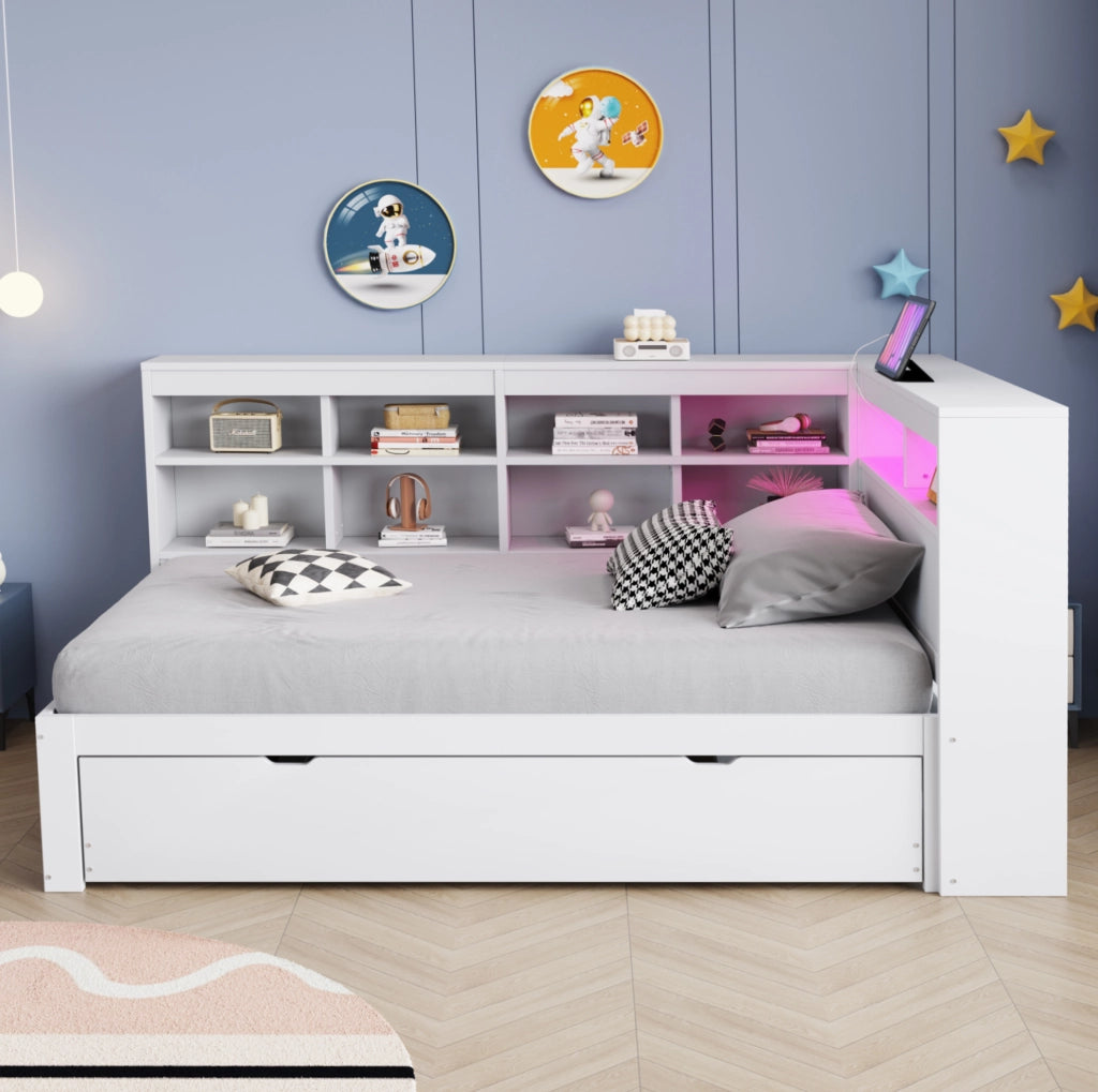 Letto singolo multifunzione 90x200 cm in legno bianco con letto estraibile, USB e LED
