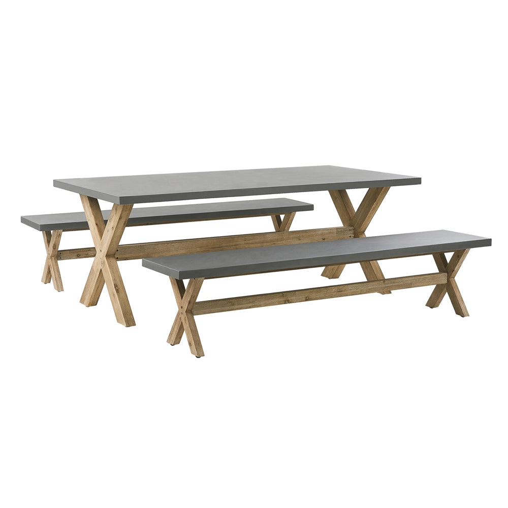 Set da pranzo per esterni in fibra di cemento grigio legno di acacia chiaro 8 persone tavolo 2 panche design moderno