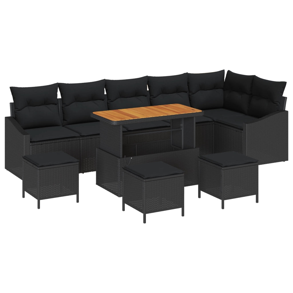Set Divano da Giardino in 10 Pezzi con Cuscini Nero Polyrattan Acacia