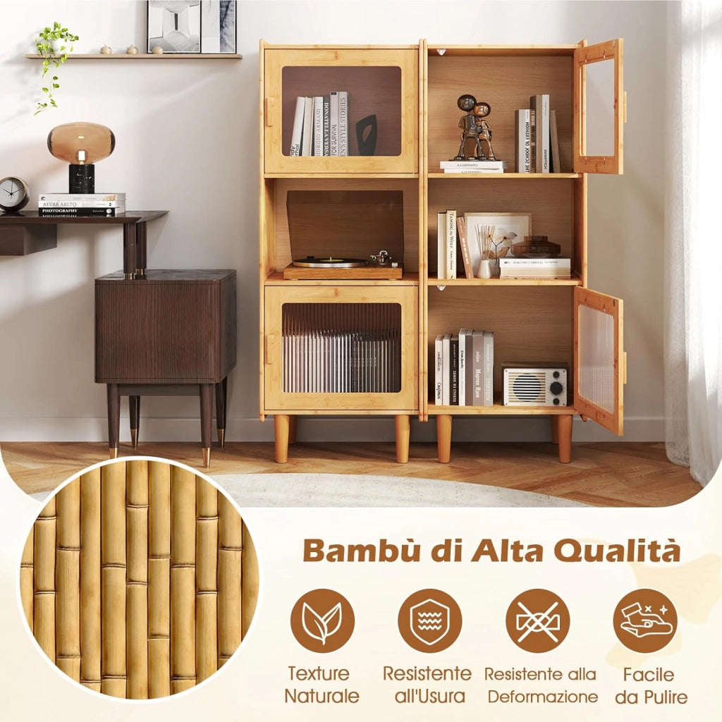Armadietto da Cucina a 3 Ripiani con 2 Ante in Acrilico Trasparente, Credenza Espositore in Bambù Salvaspazio, Libreria Vetrina per Studio e Soggiorno, 49,5 x 40 x 130 cm, Naturale