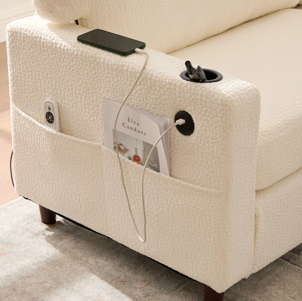 Divano 2 posti in ciniglia beige con LED, USB-C e portabevande
