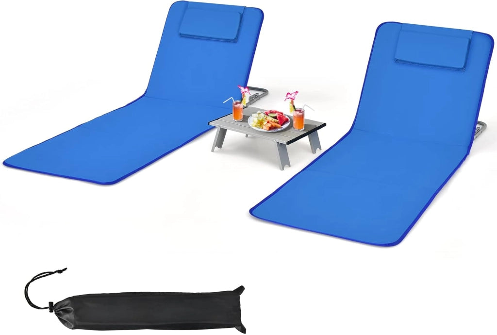 Set di 2 Materassi da Spiaggia Pieghevoli e Tavolino, Sedie a Sdraio da Spiaggia Regolabili in 5 Posizioni con Poggiatesta Rimovibile, Tasca per Giardino, Campeggio (Blu)
