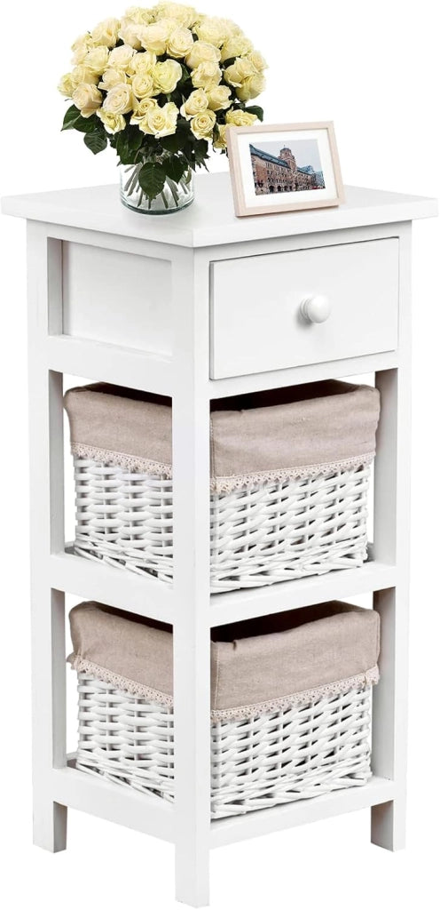 Comodino in Legno con 2 Cestini e 1 Cassetto, Tavolino da Salotto con Cassetto, Moderno Tavolino da Salotto per Soggiorno, Camera da Letto, 28x26x60 cm, Nero