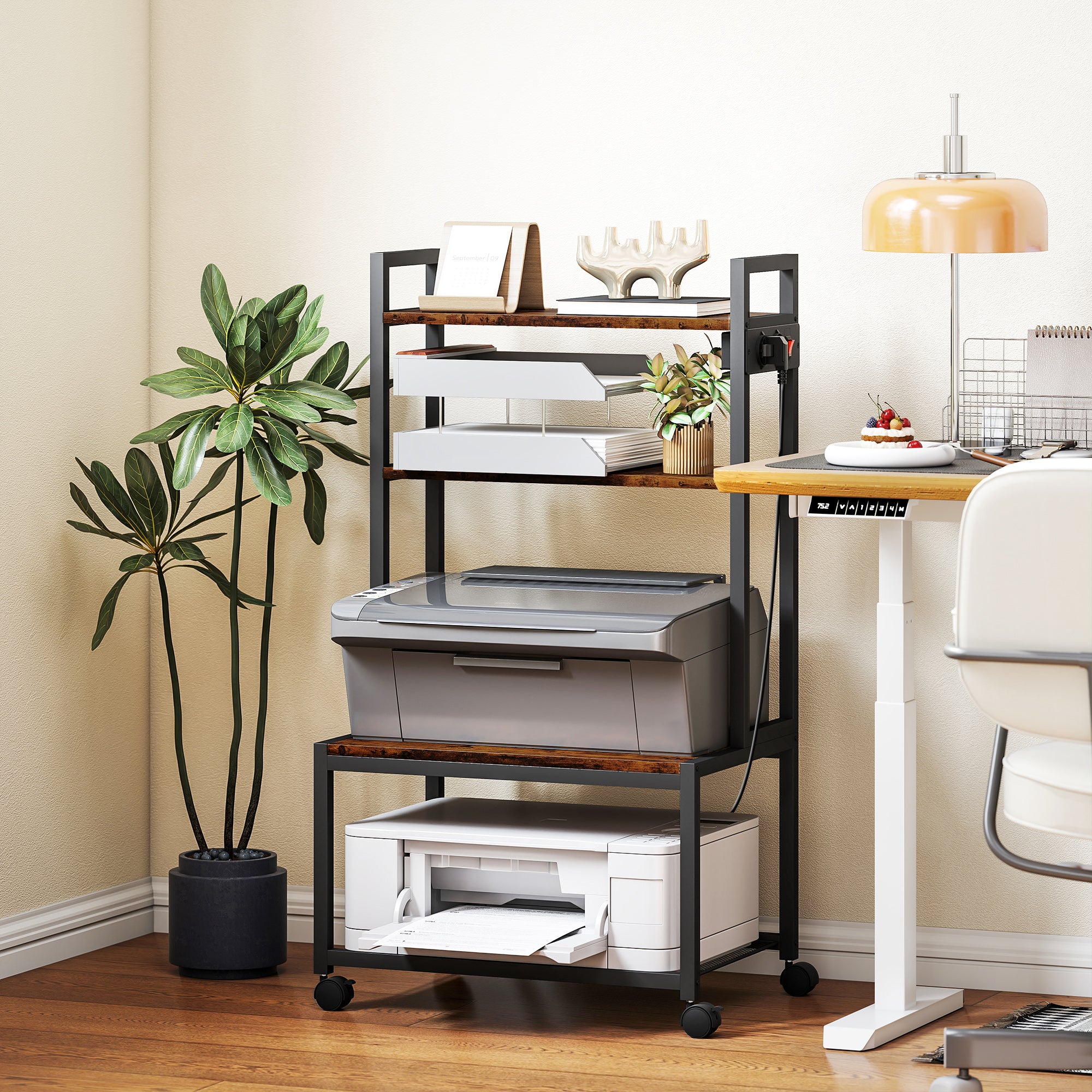 Carrello Porta Stampante a 4 Livelli 55x37.5x100 cm con Prese di Corrente Telaio in Metallo Marrone