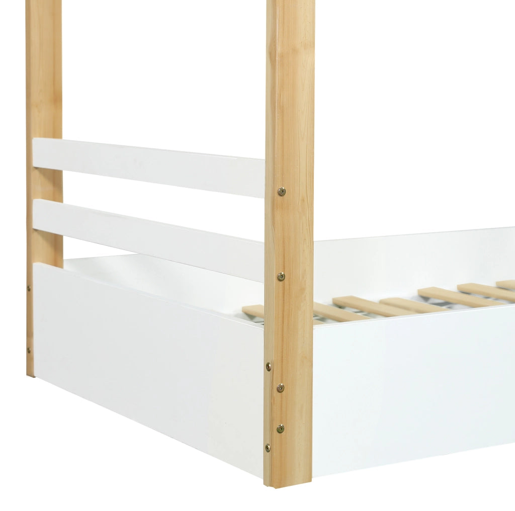 Letto a casetta 90x200 cm con doghe stabili; bianco e naturale