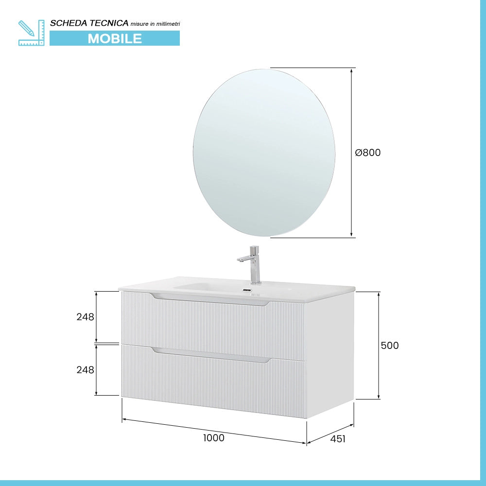 Mobile bagno sospeso 100 bianco cannettato doppi cassetto lavabo e specchio Wise