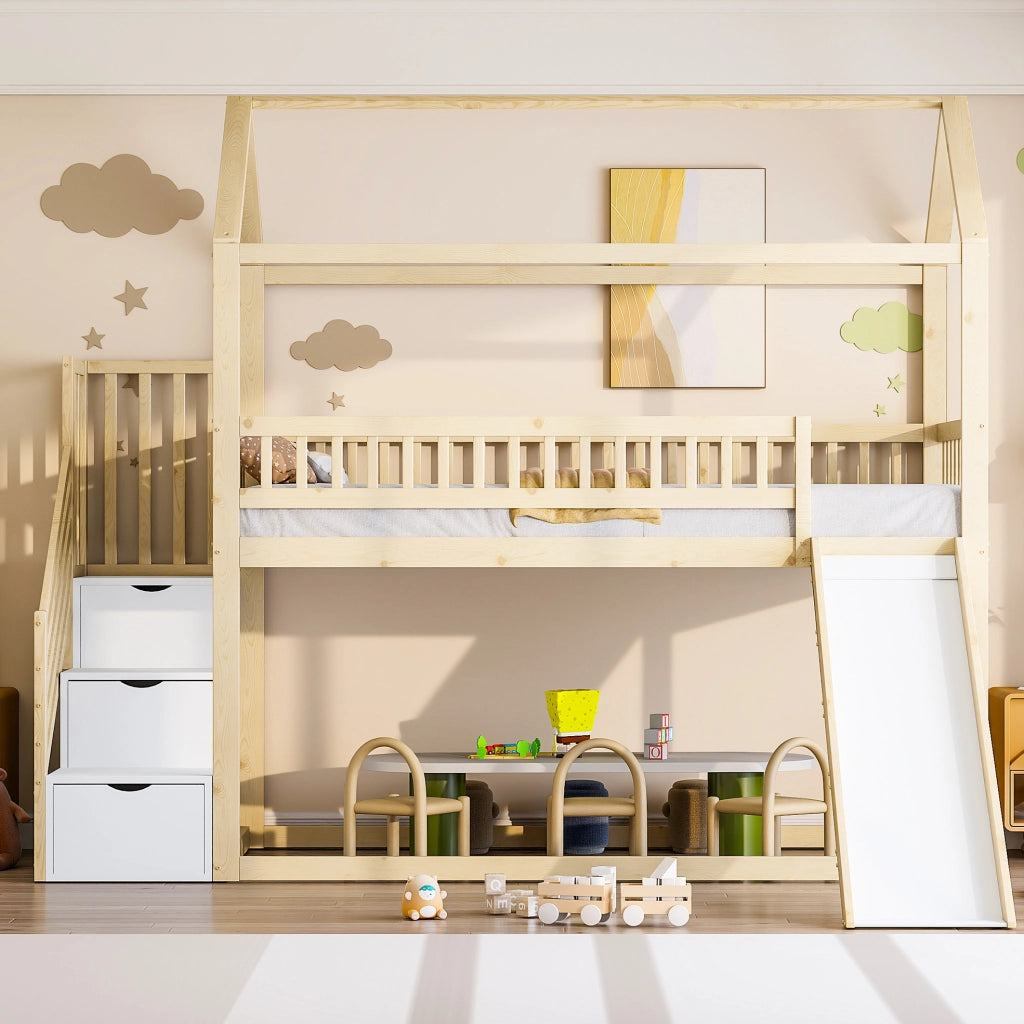 Letto a soppalco 90x200 cm con scivolo e scala contenitore in legno colore naturale