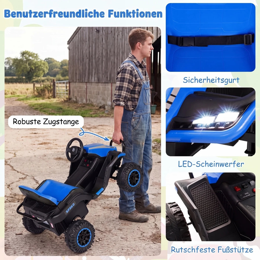 Trattore Elettrico per Bambini da 3 Anni 24V con Telecomando 2.4 GHz, Blu, Robusto e Facile da Usare per Giardino