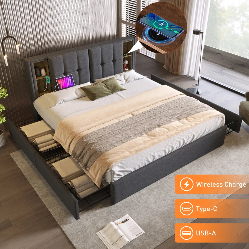 Letto con Cassetti 160x200 cm; Letto Matrimoniale - Ricarica Wireless; USB e Tipo C