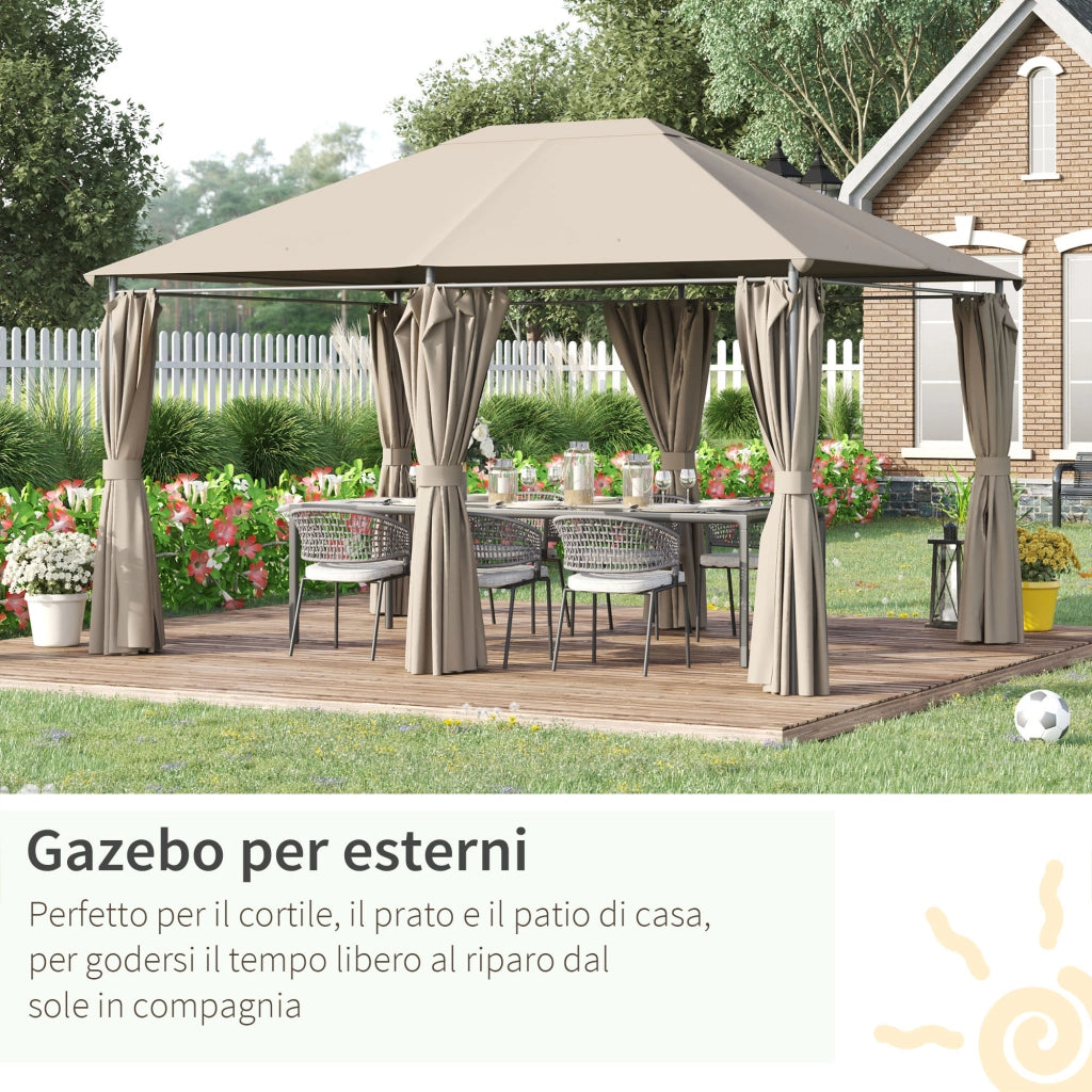 Gazebo da Giardino 4x3m ¨C Minimal ¨C Struttura in Metallo, Telo in Poliestere Beige con 6 Tende Rimovibili