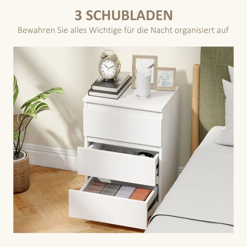 Coppia di comodini con 3 cassetti, in MDF, design senza maniglie, per camera da letto, bianco, 40 × 30 × 59,5 cm