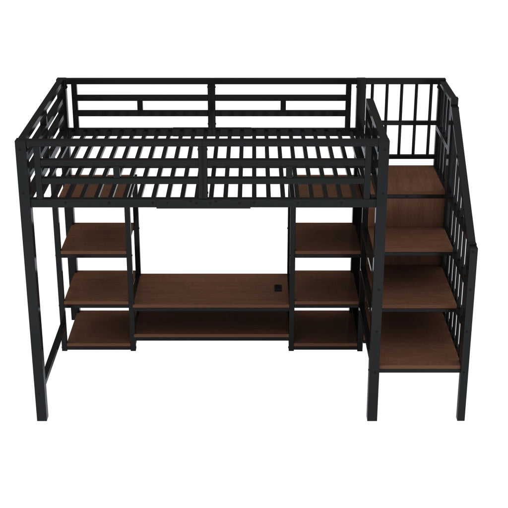 Letto a Soppalco Singolo con Supporto TV; Presa e Scala Contenitore; 90×200 cm; senza Materasso; Nero