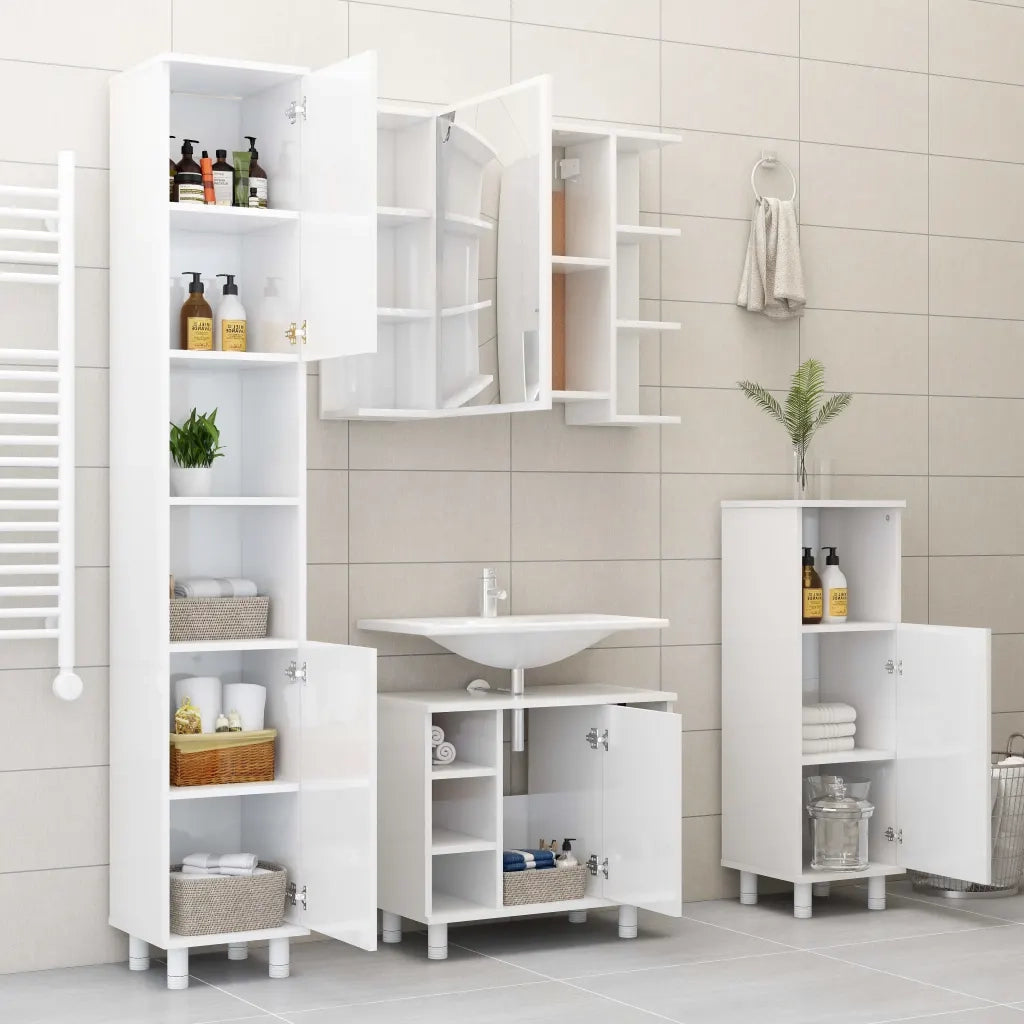 Mobile da Bagno Bianco Lucido 30x30x179 cm in Legno Multistrato 802630