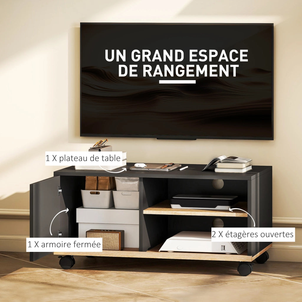 Mobile TV con ruote e 2 freni ¨C zephmum ¨C 2 nicchie e armadio con porta e passacavi, legno rovere chiaro