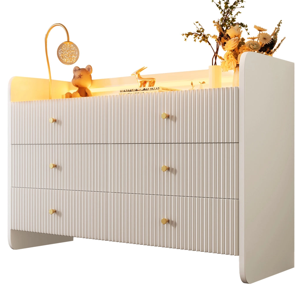 Credenza moderna con LED; 6 cassetti e vano aperto 120x40x75 cm; bianca