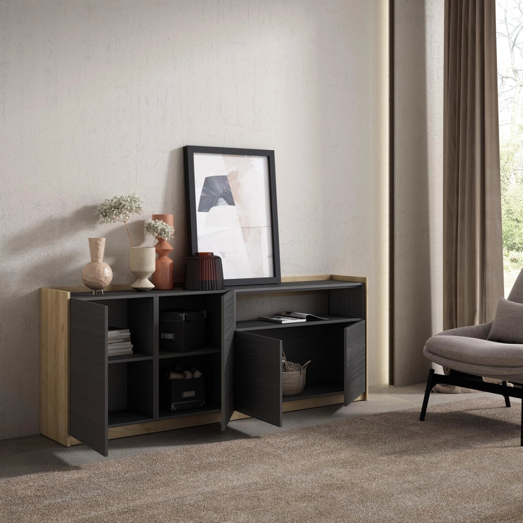 Credenza, Mobile, Cucina, 207x80x37 cm, 4 Porte, grande stoccaggio, Nero e rovere