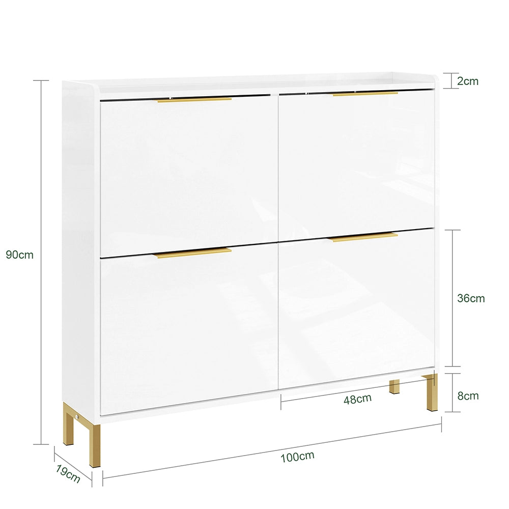 SoBuy FSR206-GW Scarpiera Salvaspazio Slim Ingresso - Mobile Scarpiera Bianca con 4 Ante a Ribalta, Profondità 19 cm, Design Nordico con Finitura Lucida e Maniglie Dorate, 100x19x90cm