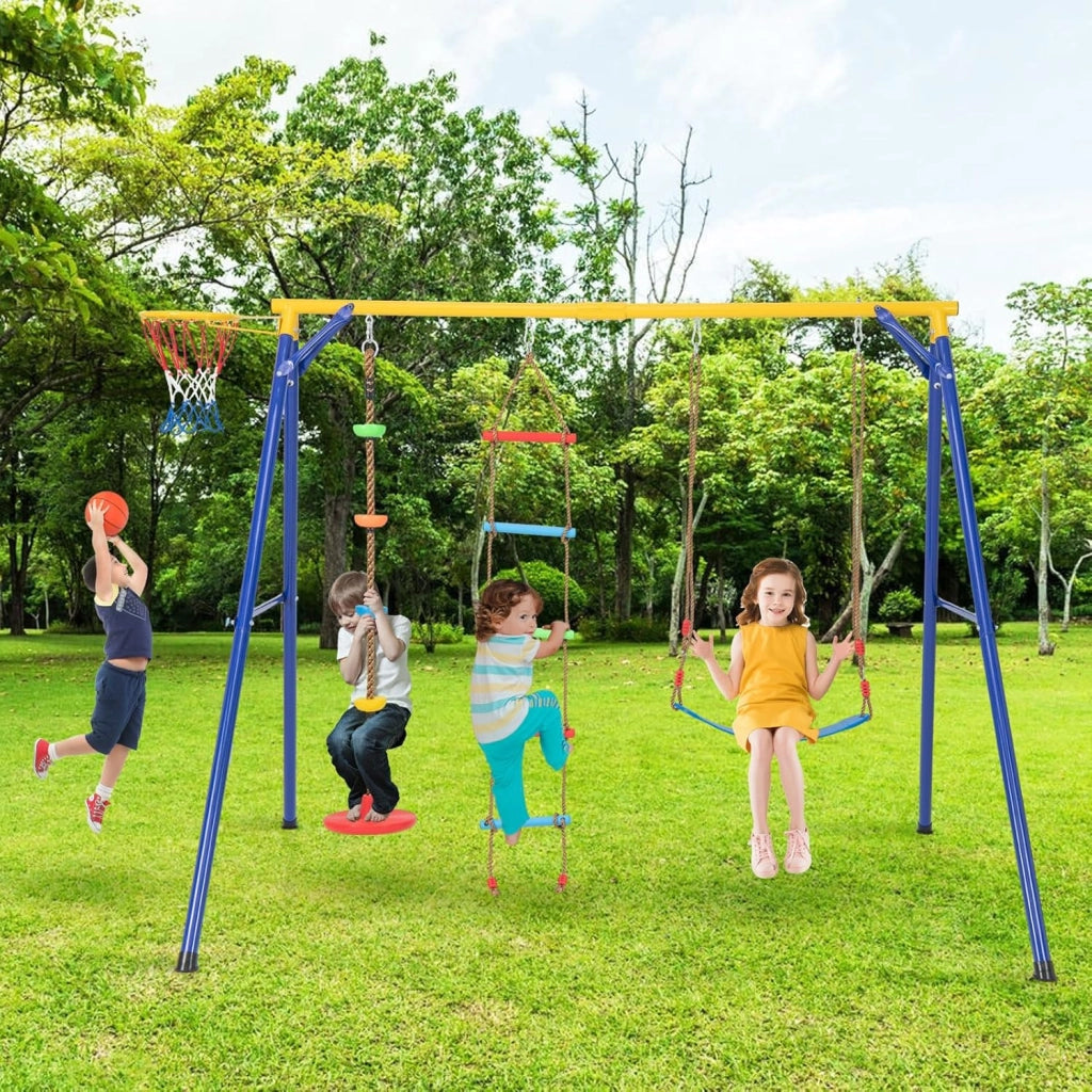 Set Altalena per Bambini Robusta, Set Altalena 4 in 1 con Canestro Basket, Altalena Regolabile, Scala e Disco con Corda, Giochi da Interno ed Esterno per Bambini 3-9 Anni, Portata 300 kg
