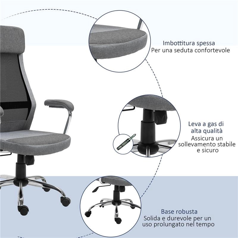 SEDIA DA UFFICIO ERGONOMICA GIREVOLE, ALTEZZA REGOLABILE E DONDOLAMENTO IN TESSUTO A RETE GRIGIO