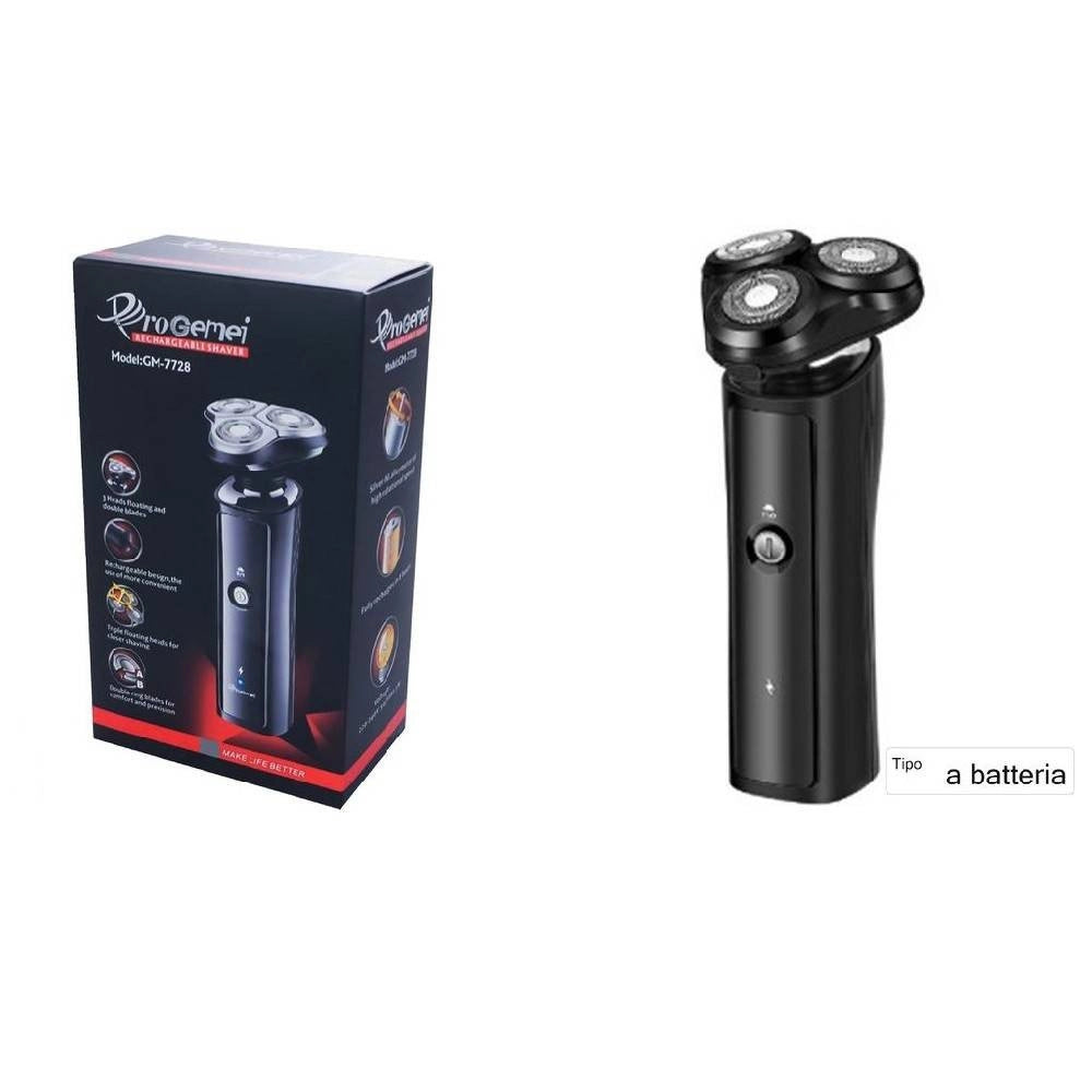 Trade Shop - Rasoio Elettrico Gm7728 A Batteria 3 Testine Professionale Barba Capelli Cordless -