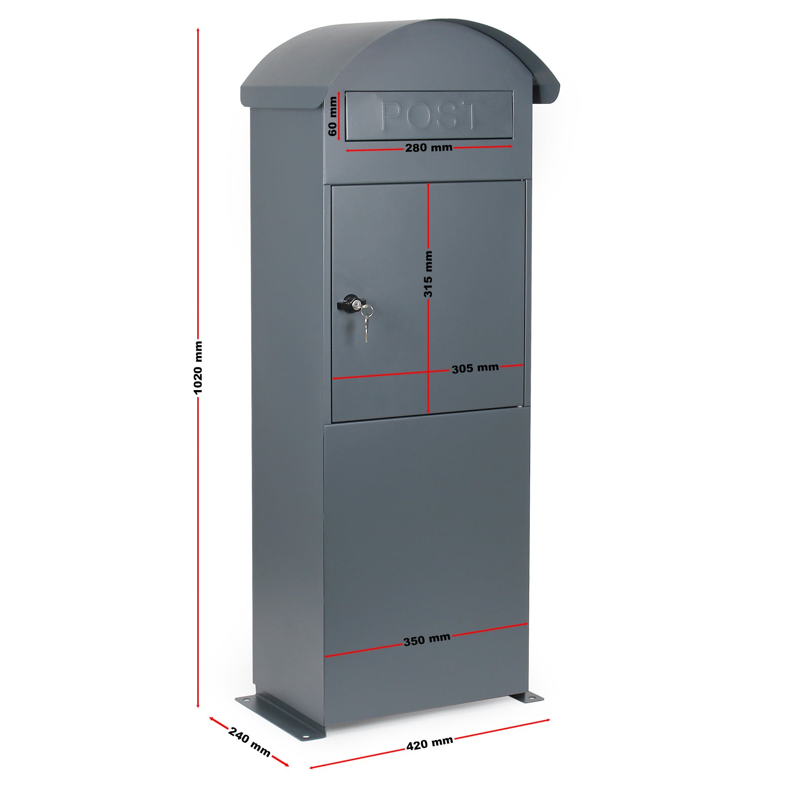 Witec Cassetta postale autoportante 42x24x102cm con struttura a colonna verniciata a polvere grigia