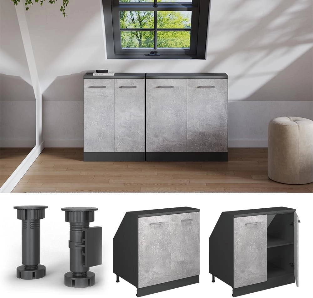 Mobile sottotetto Rion, Calcestruzzo, 80 x 81.6 cm con 2 porte, carcassa 60 cm profondità, adatto per il salvaspazio sotto tetti spioventi