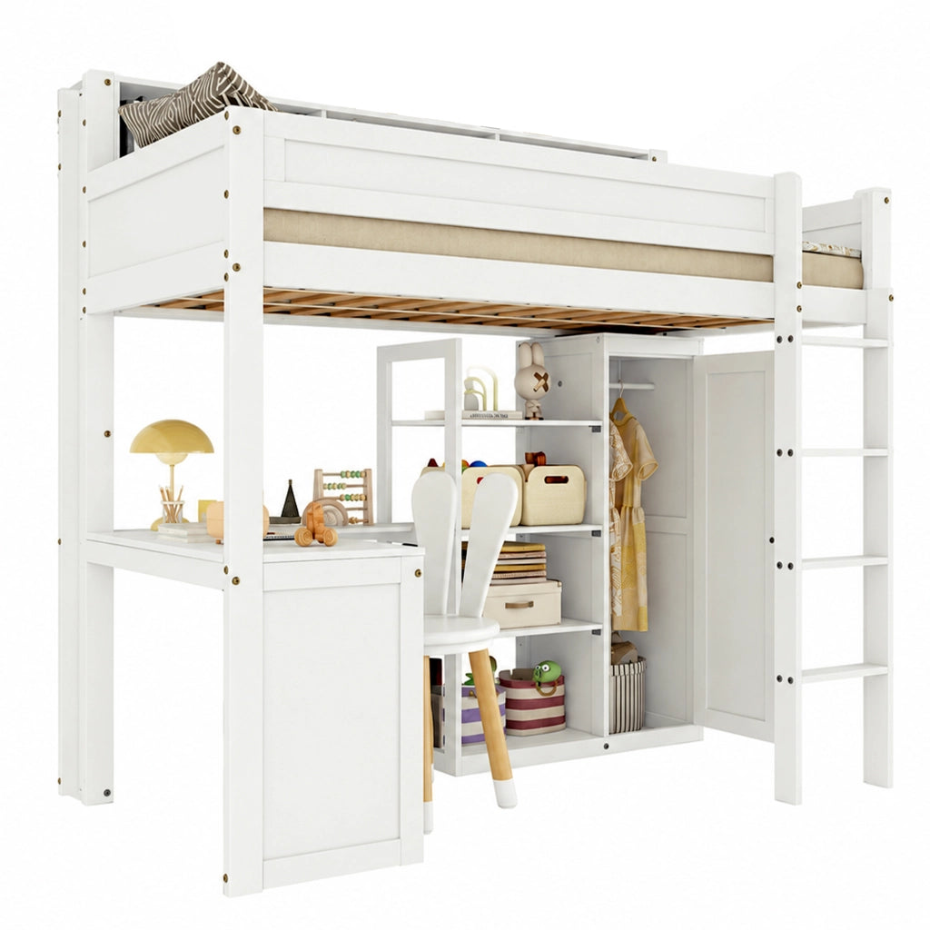 Letto a Castello 90 x 200 cm; 2 Posti; Tavolo; Armadio; Scaffali e Scala a 4 Gradini