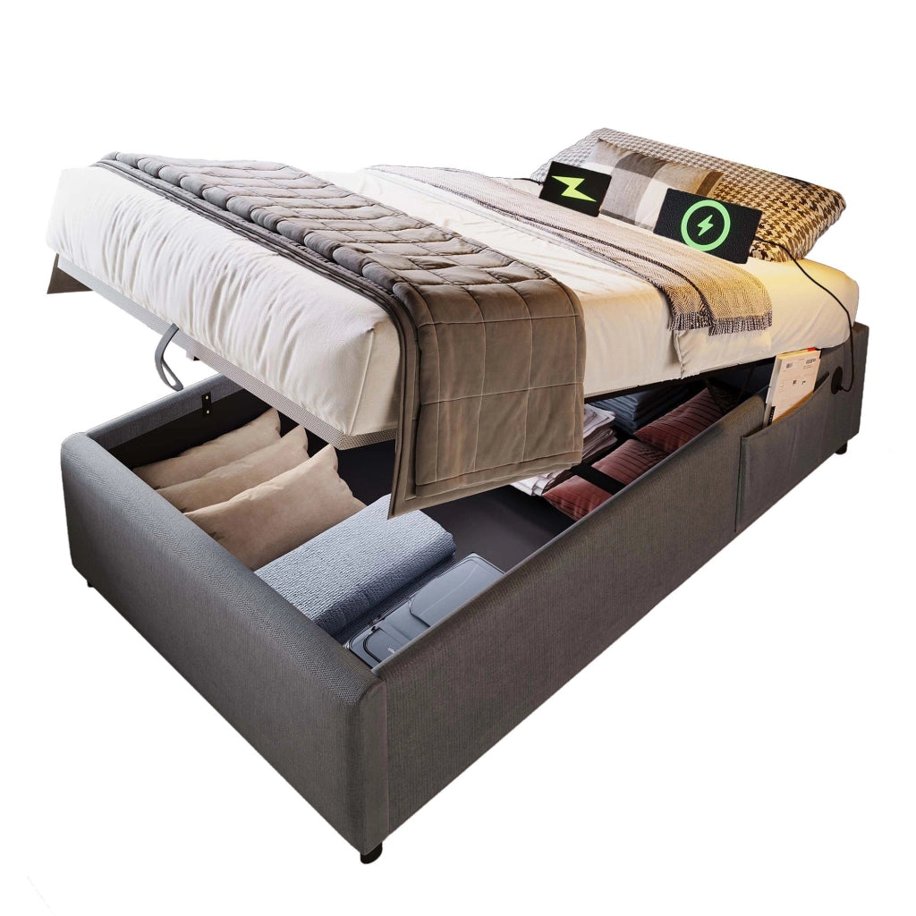 OKWISH Letto Contenitore 90×190 cm, Letto Singolo con USB, Type C e Tasca Laterale, senza Materasso, in Lino Cotone, Grigio