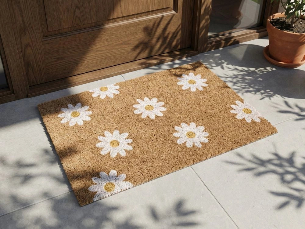 Zerbino in fibra di cocco naturale con supporto in PVC antiscivolo 40 x 60 cm con motivo floreale a margherita, decorazione moderna per interni.