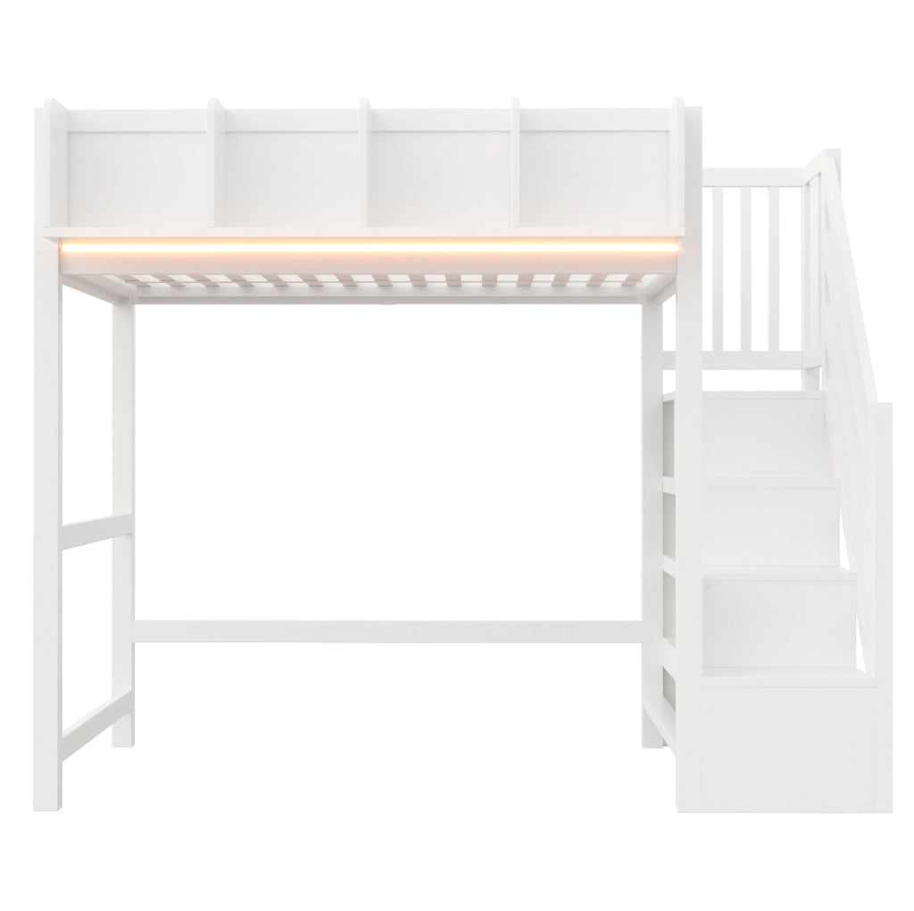 Letto a soppalco ULEVR 90x200 cm con LED, vani integrati, scala laterale e barriera di sicurezza, bianco